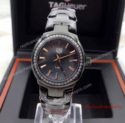 Copy Tag Heuer Watch Link Black Face Diamond Bezel  Ladies Watch